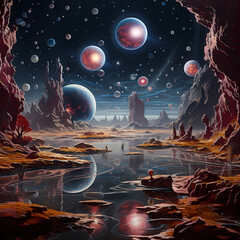 Surreal floating orbs in a cosmic landscape. - obrazy, fototapety, plakaty