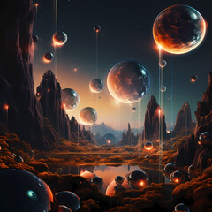 Surreal floating orbs in a cosmic landscape.