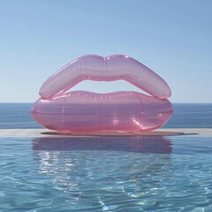 This artwork captures oversized pink inflatable lips floating on the calm surface of blue water,...
