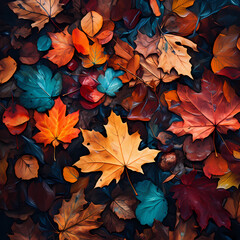 Vibrant autumn leaves on a forest floor. 