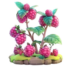 3D Raspberry tree isolated on transparent background, cut out, png
