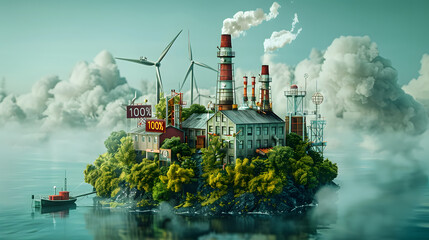 large 100% power station sign covered in greenery, situated in a jungle-like setting. The sign is made of a light blue material and features a windmill on top. 