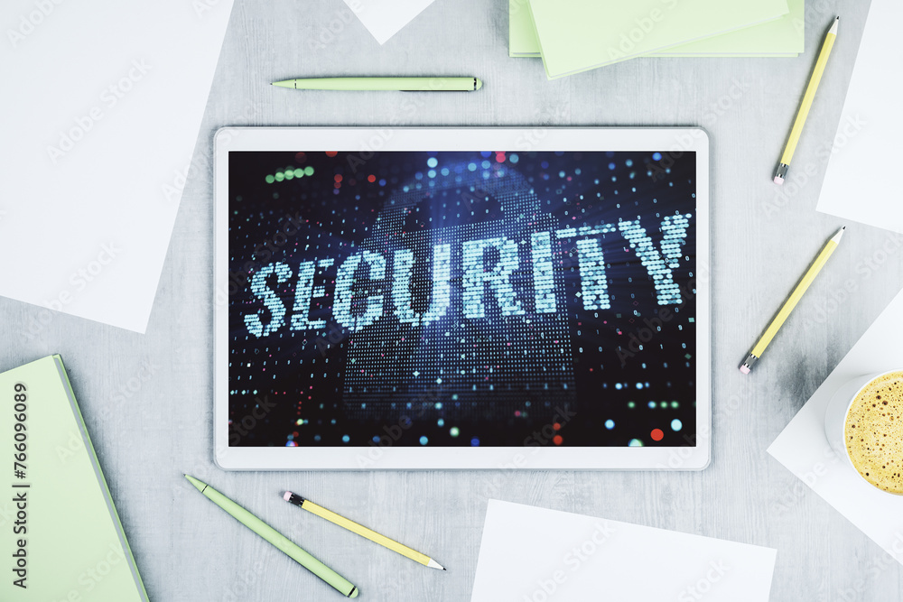 Poster Cyber security creative concept on modern digital tablet monitor. Top view. 3D Rendering