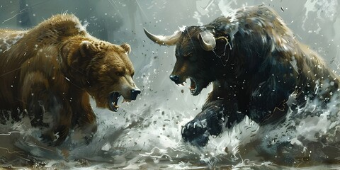 Bears and Bulls Clashing in Fierce Battle for Dominance in wild waterscape