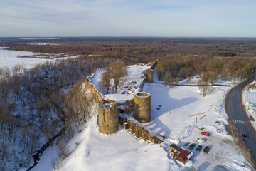 View of the ancient Koporye fortress on a February day. Shooting from a quadcopter. Leningrad oblast, Russia - 766096469