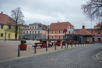 Vienibas square in old Cesis on a cloudy November day. Latvia - 766096492