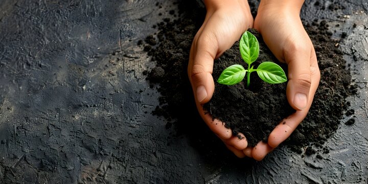 A pair of hands tenderly holding a small plant emerging from soil,symbolizing the nurturing of young minds and a vision for a sustainable future