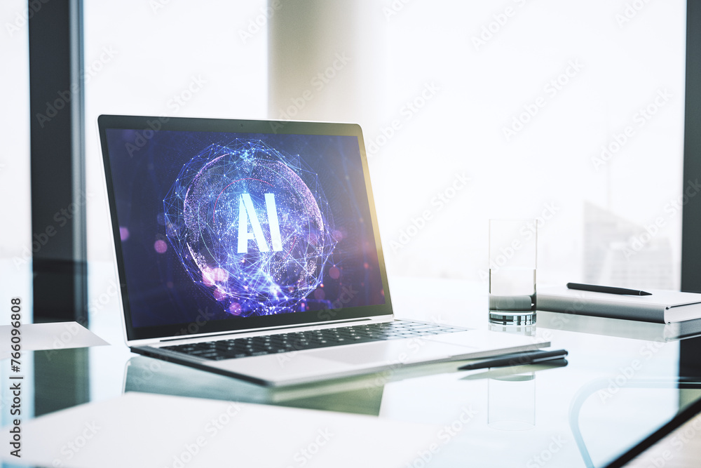 Poster Creative artificial Intelligence symbol concept on modern computer monitor. 3D Rendering