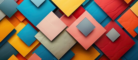 A creative art piece featuring a pattern of colorful rectangles, triangles, and squares in shades of pink, aqua, magenta, and more, displayed on a wall