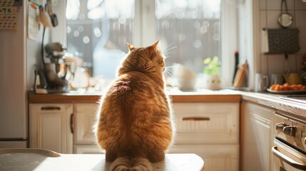 Funny fat cat sitting in the kitchen, probably waiting for more food.