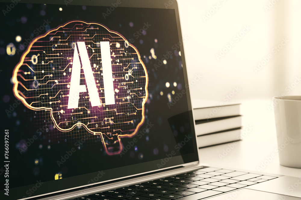 Poster creative artificial intelligence concept with human brain hologram on modern laptop screen. 3d rende