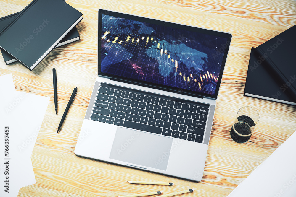 Poster modern computer screen with abstract creative financial chart with world map, research and analytics