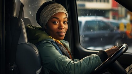 Obraz premium A woman is driving a car and wearing a hat