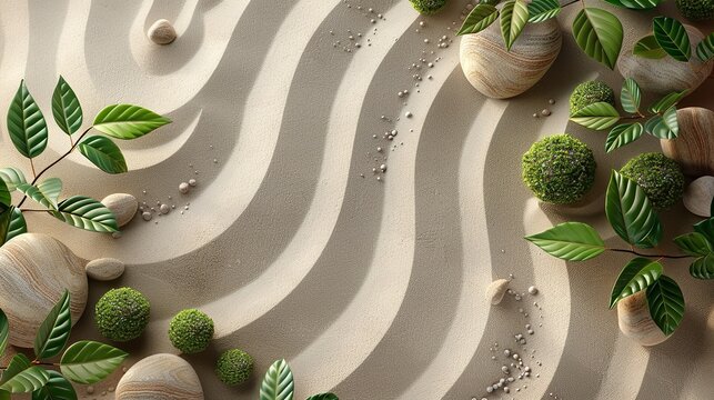 Zen garden with rocks check out from above of beige sand including green plants and traverse patterns  and space, Generative AI.
