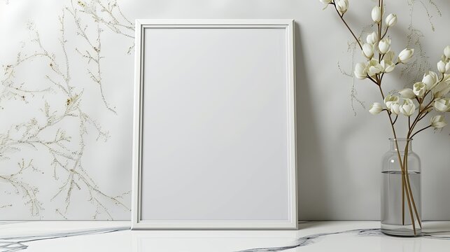 Home interior poster mock up with square frame on white wall background