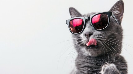 Funny grey cat portrait with copy space on a white background, licking his nose while wearing sunglasses - obrazy, fototapety, plakaty