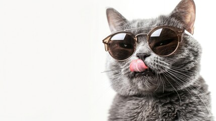 Funny grey cat portrait with copy space on a white background, licking his nose while wearing...