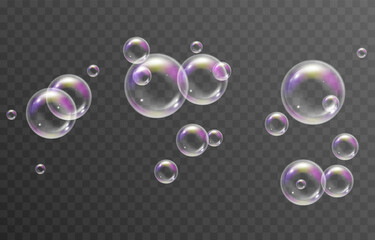 Vector soap bubbles png. Flying soap bubbles. Soap bubbles with various reflections. Detergent, soap, shampoo, foam.