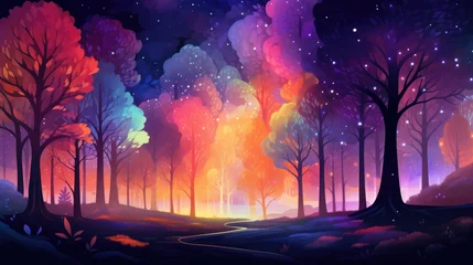 Deurstickers Bright colourful fabulous forest, nature scenery with fog rolling beneath a rainbow above the trees in fresh green foliage at night © ribelco