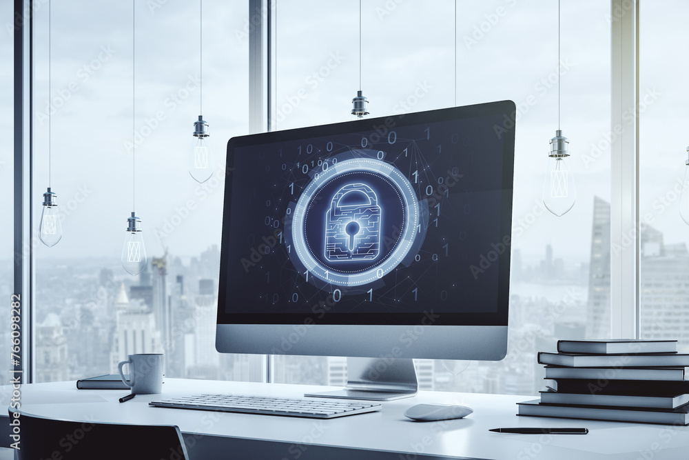 Aufkleber Creative lock sketch with chip hologram on modern computer monitor, protection of personal data concept. 3D Rendering