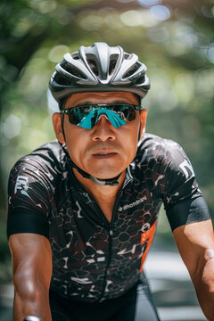 A handsome cyclist wearing a cycling jersey