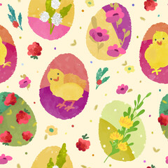 Happy easter seamless pattern with hand drawn cartoon easter eggs on beige background. Easter wallpaper, wrap, textile design. Vector illustration