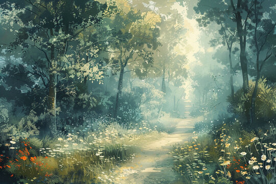 Artistic conception of beautiful landscape painting of nature of forest, background illustration, tender and dreamy design.