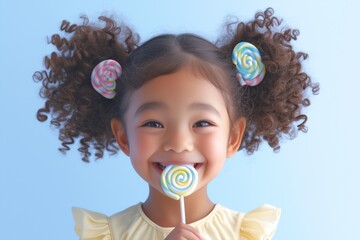 Child happy and joy to eat lollipops on pastel background