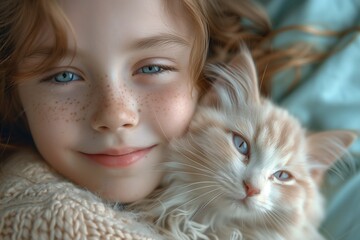 Portrait of beautiful little girl holding her cat in hand
