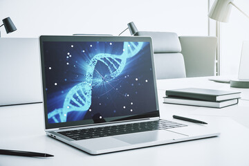 Creative light DNA illustration on modern computer monitor, science and biology concept. 3D...