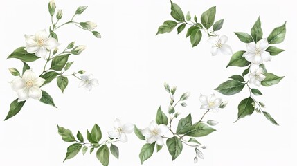 Collection of wreath jasmine flower hand drawn illustration ,Generative ai - obrazy, fototapety, plakaty