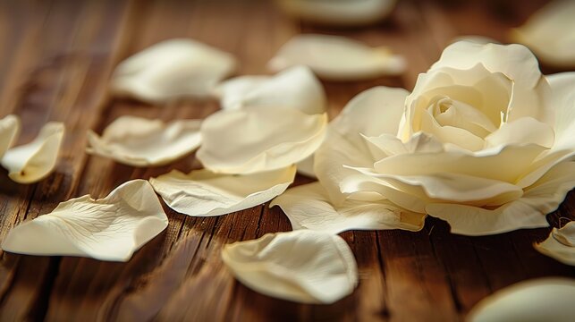 Close-up white rose petals on the table ,Generative ai, 