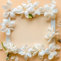 Flat lay frame with white flowers and background  ,Generative ai,
