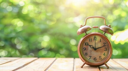 Alarm Clock on Bright Green Nature Background