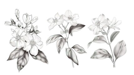 Hand drawn collection of jasmine flower illustration ,Generative ai, 