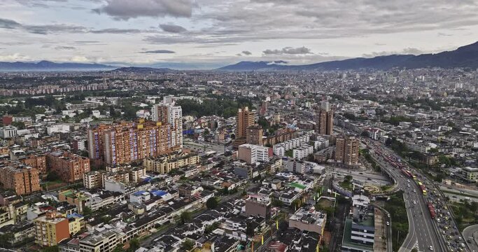 Bogota Colombia Aerial v46 flyover Gran America and Acevedo Tejada towards Teusaquillo along the highways capturing busy traffics on the road and cityscape - Shot with Mavic 3 Cine - November 2022