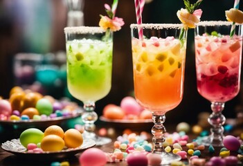 green, orange and yellow fruit drinks in lovely glass glasses on the holiday table, dyed eggs, Easter