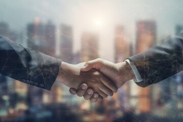 Business professionals sealing a deal with a handshake in an office setting, finishing up meeting concept - obrazy, fototapety, plakaty