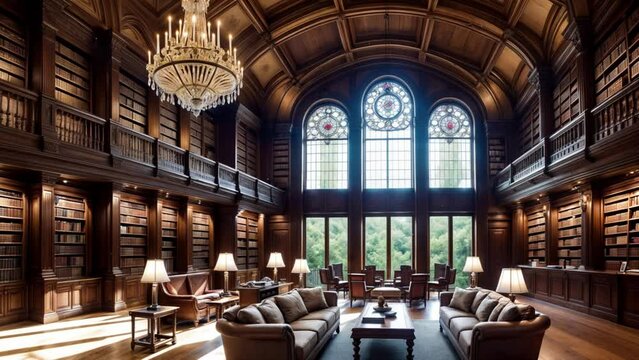 本がたくさん入った本棚とソファがあるヨーロッパ風の図書室のような部屋