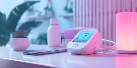 Wireless Blood Pressure Cuff Syncing Health Data to Smartphone in Chic Modern Home Interior