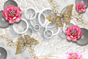 floral background with gold pink butterflies flowers