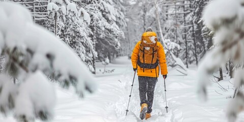 Hiker in Snowy Forest with Backpack and Trekking Poles