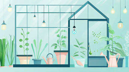 Illustration of a greenhouse with small seedlings, a watering can. Spring banner.
