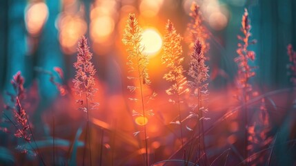 Sunset Macro of Wild Grass in Forest: Shallow Depth of Field Abstract Summer Nature Background with...