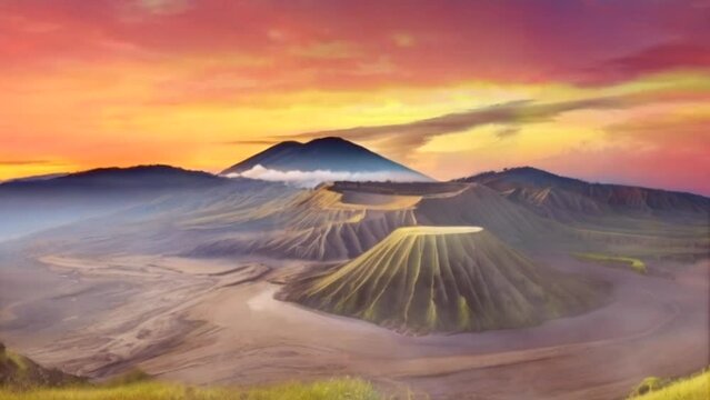 Mount bromo volcano (gunung bromo) at sunrise with colorful sky background in bromo tengger semeru national