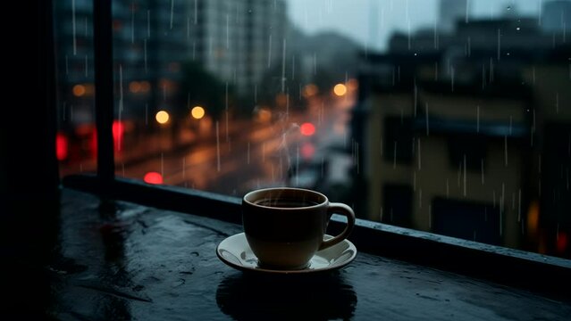A cup of coffee with rainy vibes. seamless looping 4k time-lapse video background