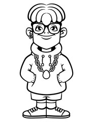 Funny Dreadlocks Boy cartoon characters wearing casual outfit like eyeglasses, hoodie jacket, short pants, and sneakers. Best for outline, logo, and coloring book with fashion themes