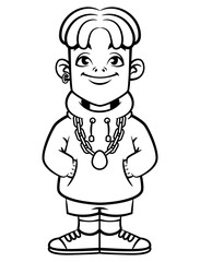 Cute dreadlocks Boy cartoon characters wearing casual outfit like hoodie jacket, short pants, and sneakers. Best for outline, logo, and coloring book with fashion themes