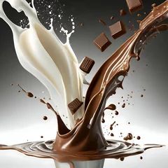 Fototapeten Abstract liquid milk and chocolate splashing isolated on white transparent background on digital art concept, Generative AI. © Watercolor_Concept