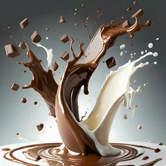 Foto op Plexiglas Abstract liquid milk and chocolate splashing isolated on white transparent background on digital art concept, Generative AI. © Watercolor_Concept
